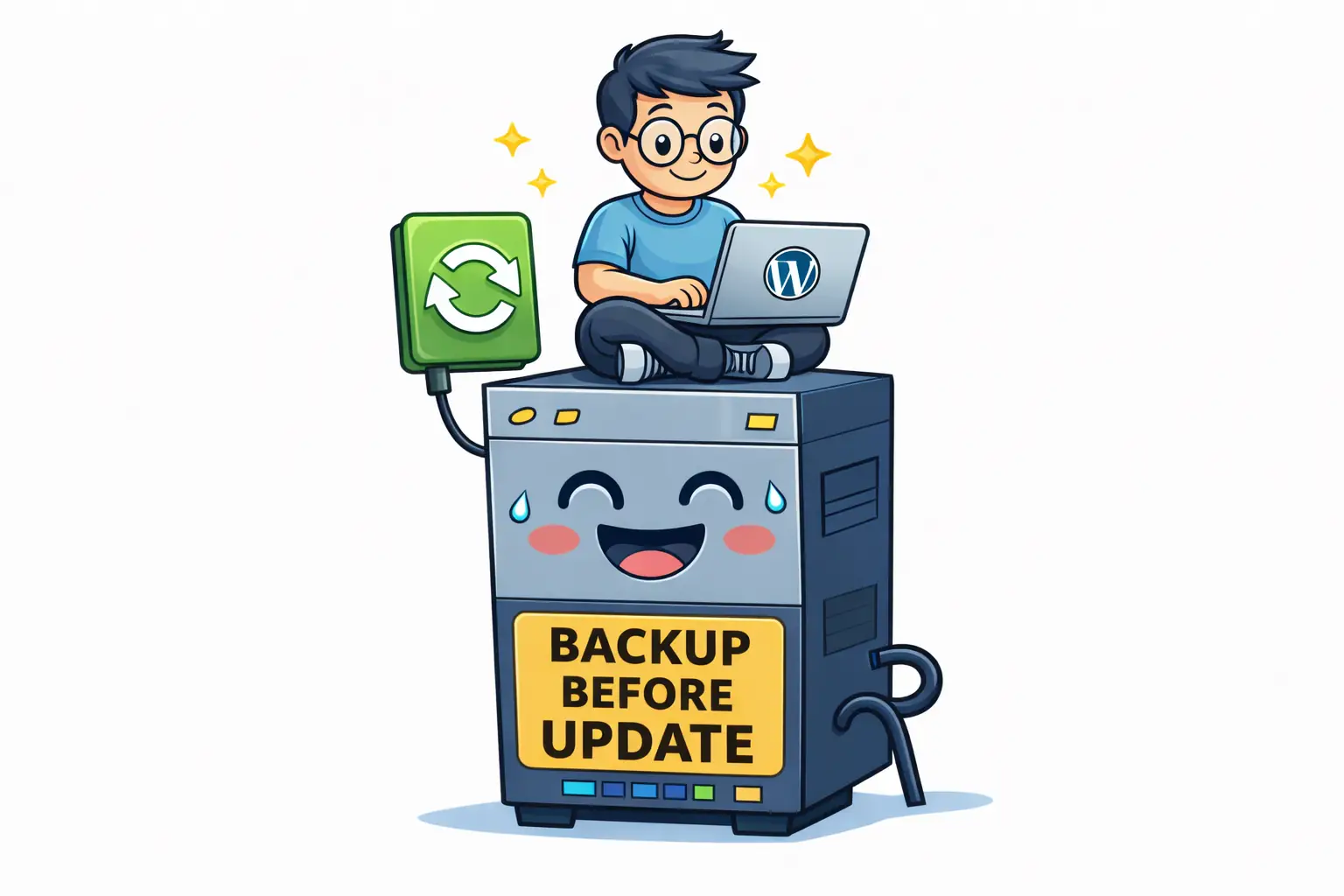 Illustration of a WordPress user updating a website, sitting on a server with the text “Backup before update”, symbolizing safe backups before changes.