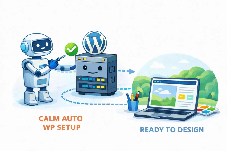 Illustration showing a calm automated WordPress setup, where a server with the WordPress logo is prepared and ready for website design, symbolizing a structured and scalable WordPress foundation.