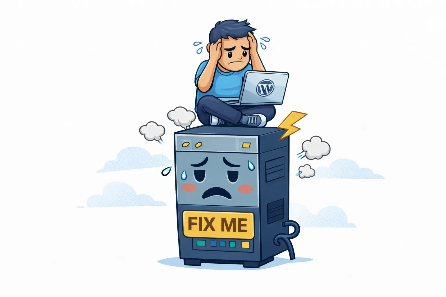 Illustration of a frustrated WordPress developer sitting on top of a slow server with the text ‘Fix me’, symbolizing hosting issues beyond the developer’s control.
