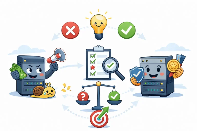 Illustration showing the difference between poor and good WordPress hosting, with a checklist, decision balance, and clear right-vs-wrong choices leading to better performance.