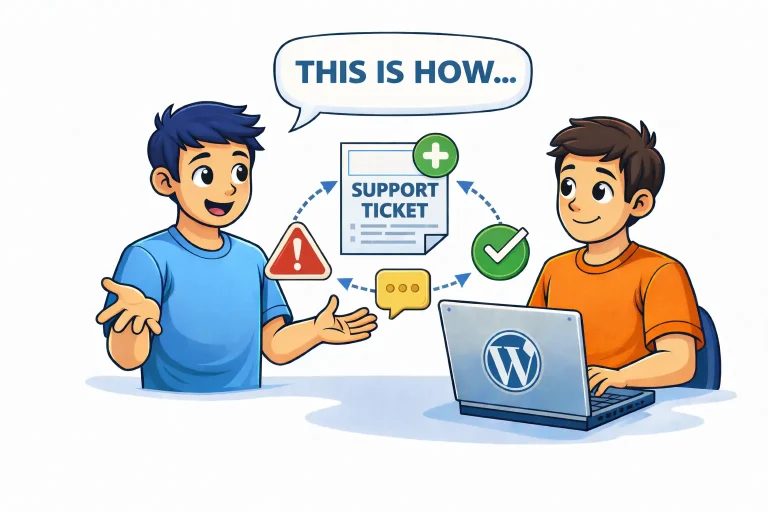 Illustration showing two people calmly discussing a website incident, with warning, communication, and resolution icons, and a WordPress laptop symbolizing clear incident communication.