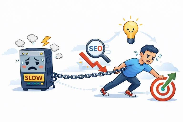 Illustration of a person trying to move forward toward growth and goals, while a slow WordPress server holds him back with a chain, symbolizing poor hosting, declining SEO, and performance.