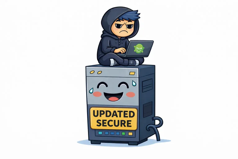Illustration of an updated and secure server with the text “Updated Secure,” where a hoodie-clad hacker sits on top with a laptop – a symbol that updates protect WordPress against attacks.