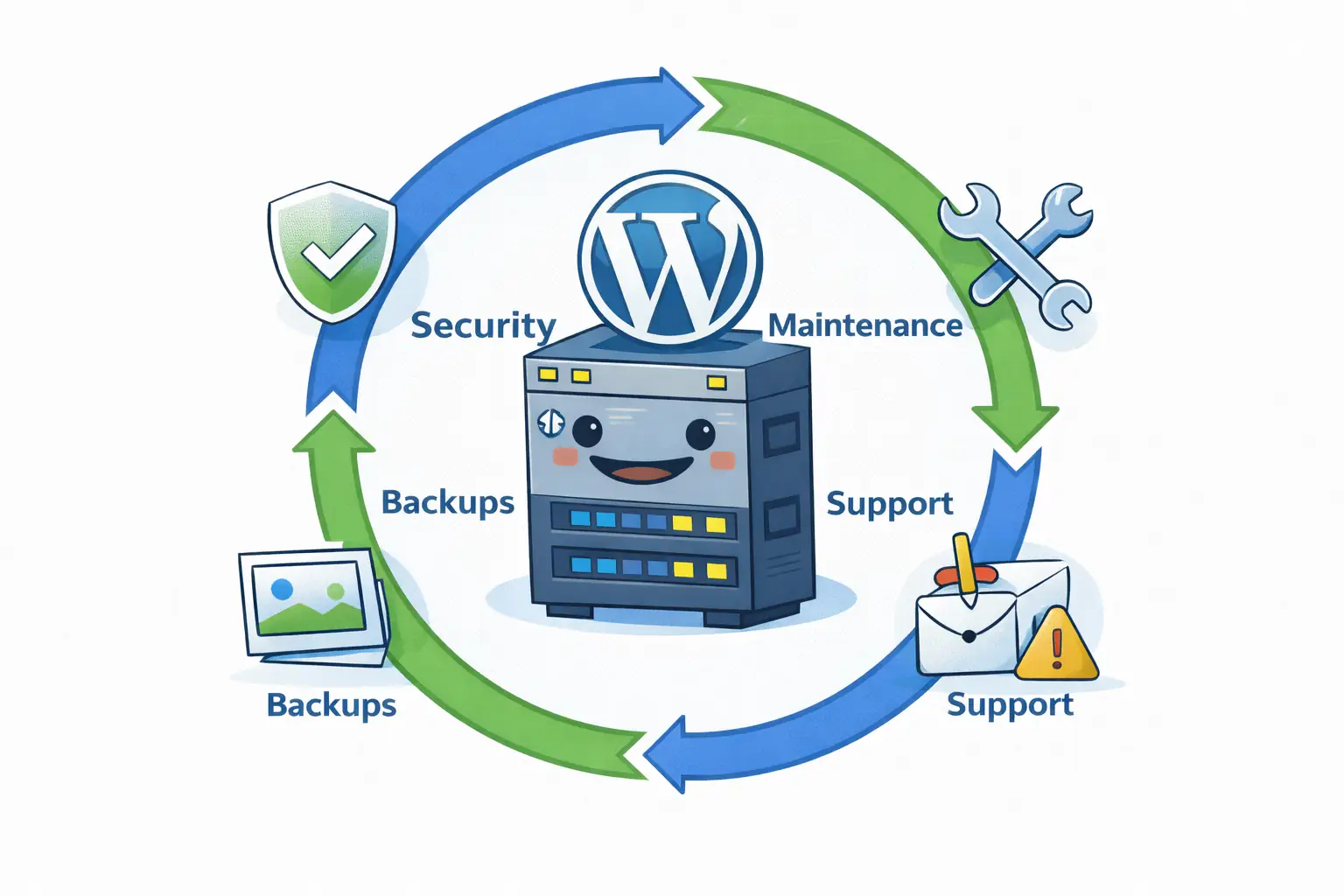 Illustration showing what a WordPress webhotel is responsible for, including security, maintenance, backups, and support around a WordPress site.