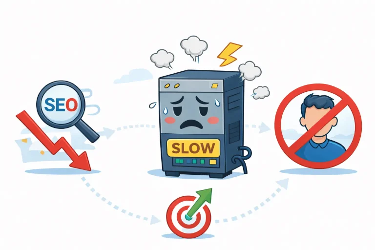 Illustration of a slow WordPress hosting server with a sad face, surrounded by declining SEO, lost visitors, and performance issues.