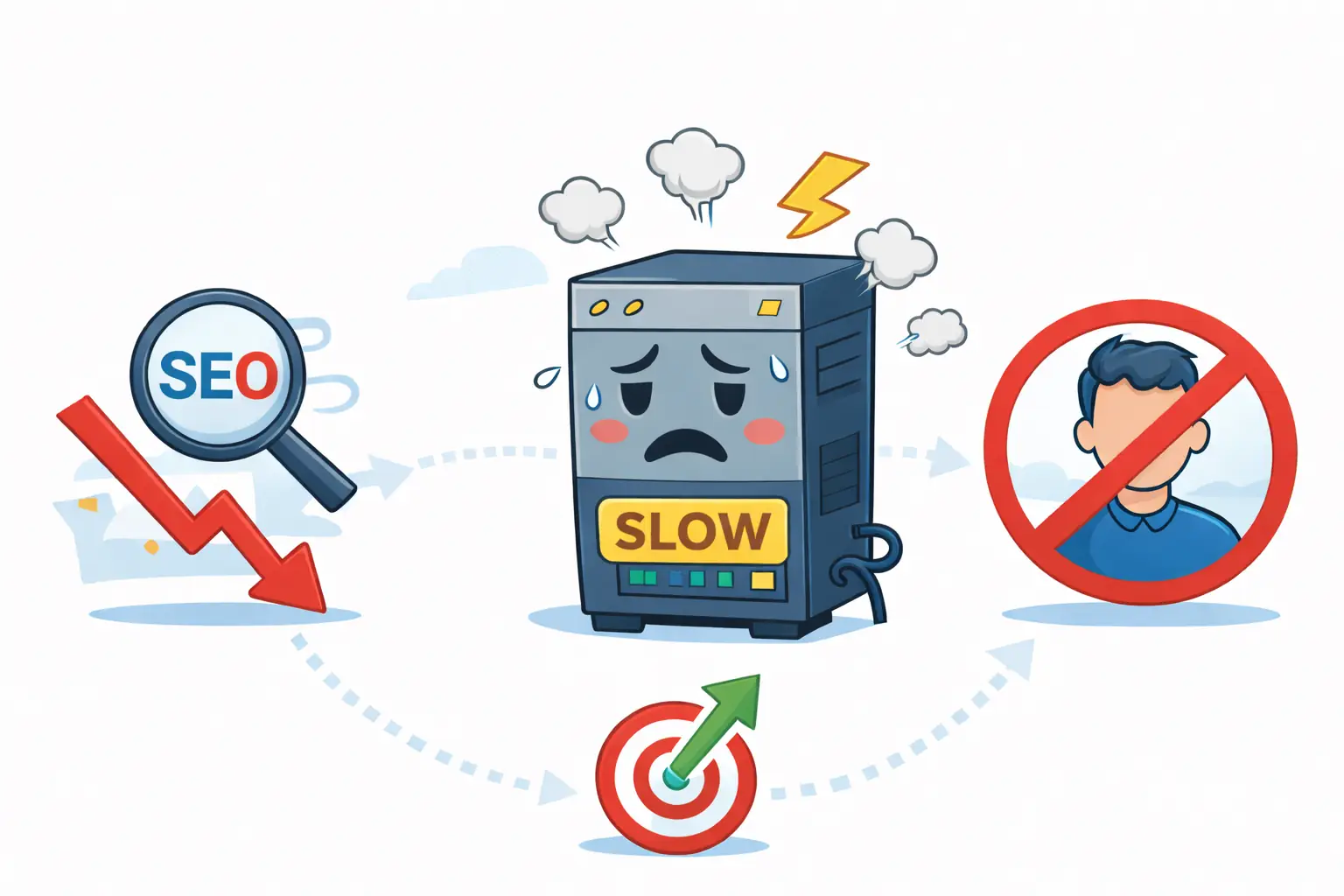 Illustration of a slow WordPress hosting server with a sad face, surrounded by declining SEO, lost visitors, and performance issues.