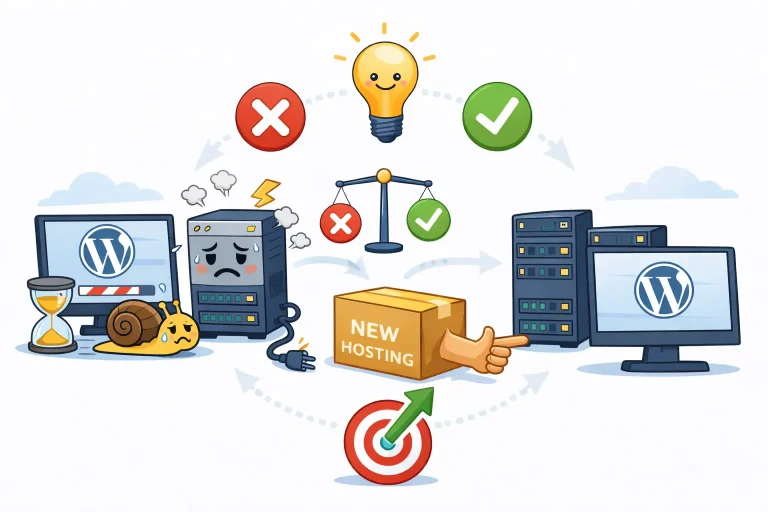 Illustration explaining when to change WordPress hosting, showing slow WordPress performance, hosting bottlenecks, server limitations, and the decision to migrate to faster, more stable WordPress hosting for better speed, uptime, and SEO.