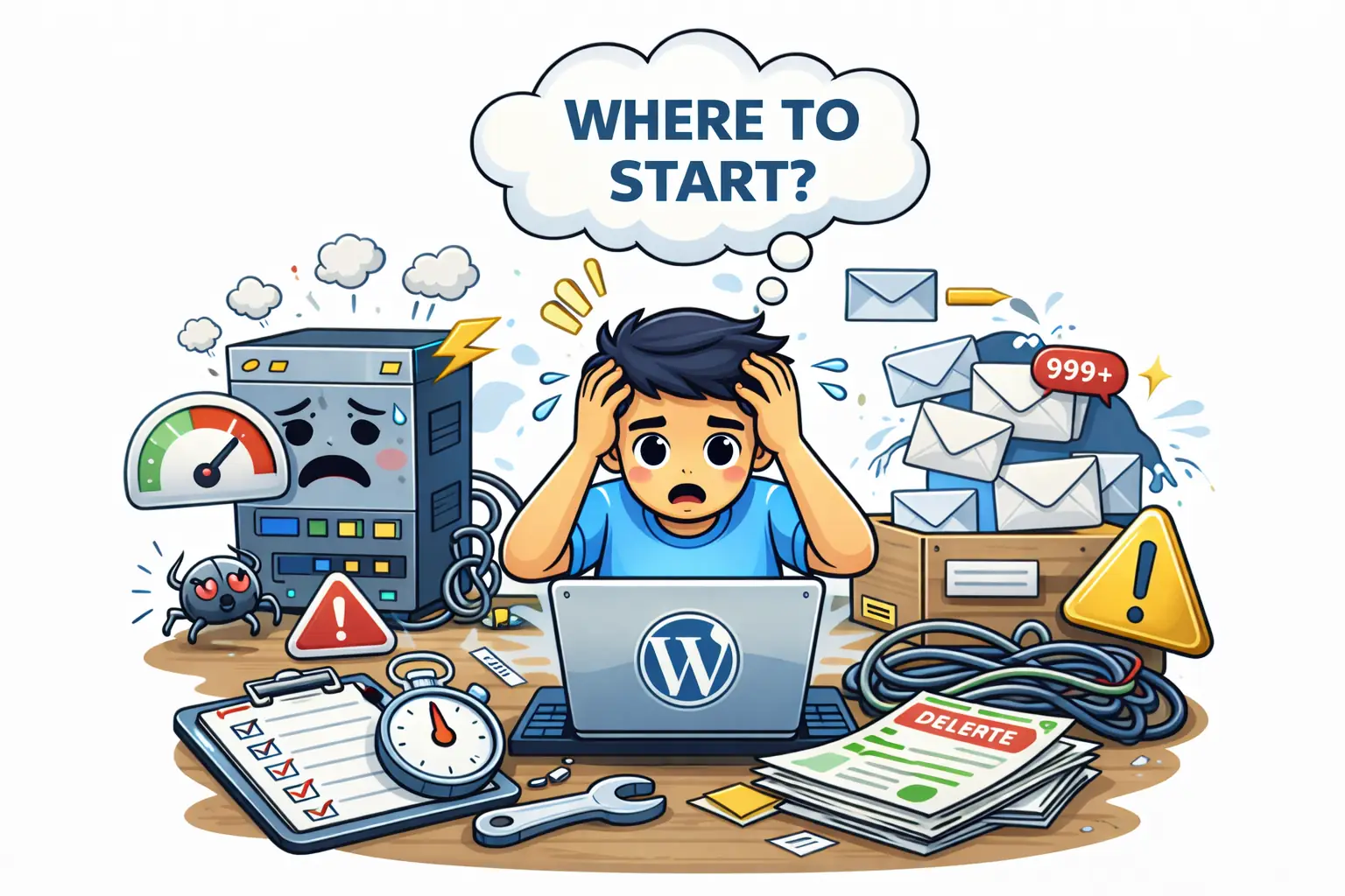Illustration of a stressed website owner in front of a WordPress laptop, surrounded by server issues, slow performance, lots of emails, warnings, and technical clutter, with the text “Where to start?” above their head.