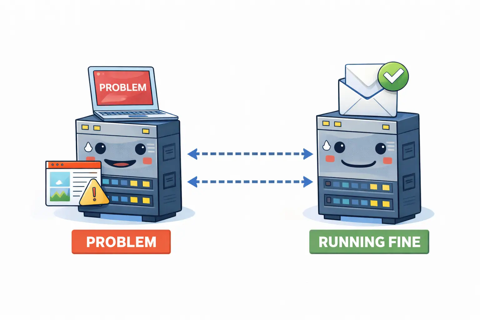 Illustration showing two servers: one labeled “Problem” with website issues, and another labeled “Running fine” handling business email independently, illustrating email continuity during website outages.