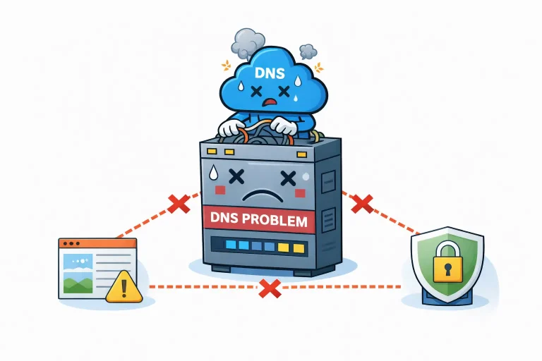 Illustration of a DNS problem where a server fails to connect a website, email, and security services, showing how DNS issues can affect multiple systems at once.