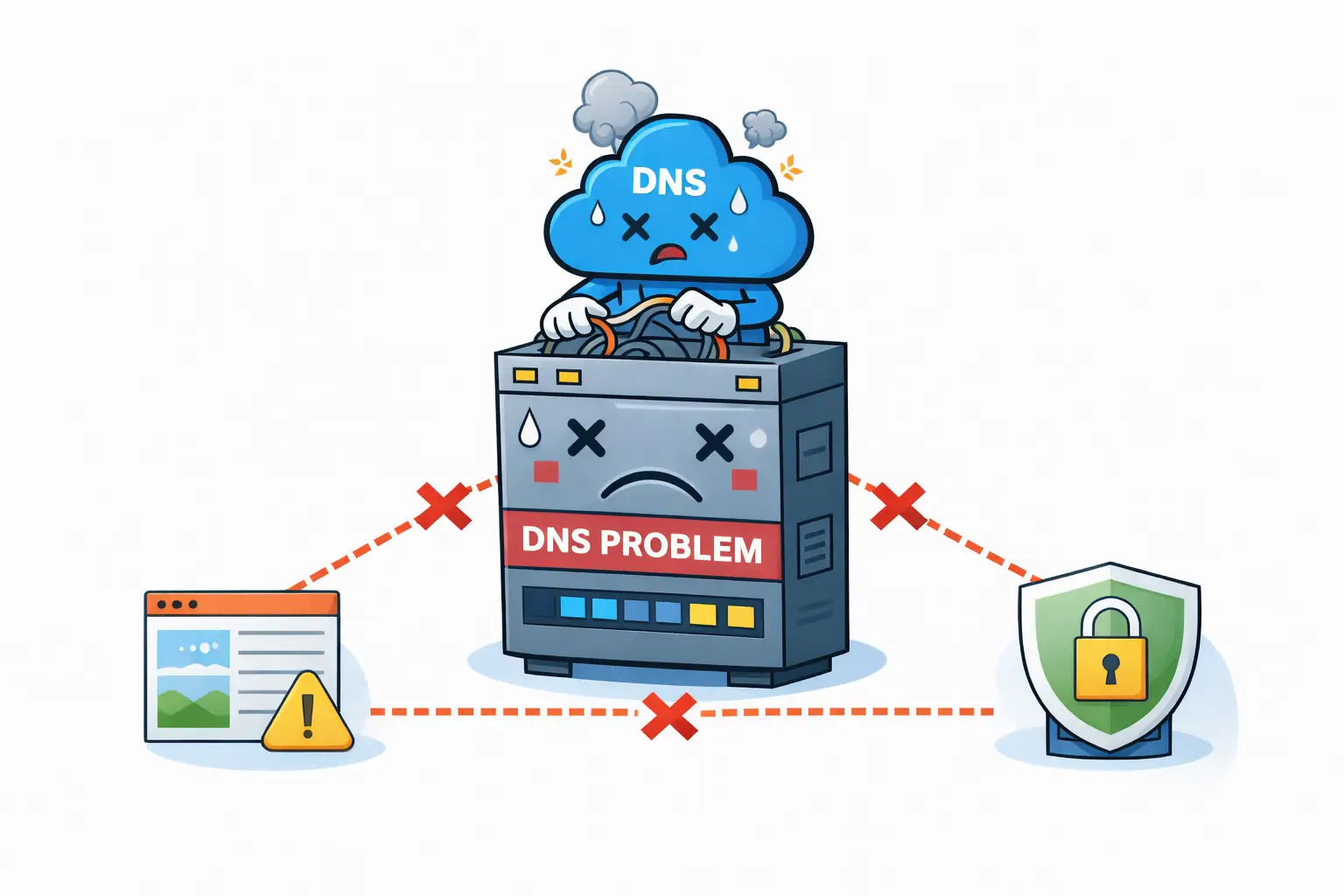 Illustration of a DNS problem where a server fails to connect a website, email, and security services, showing how DNS issues can affect multiple systems at once.