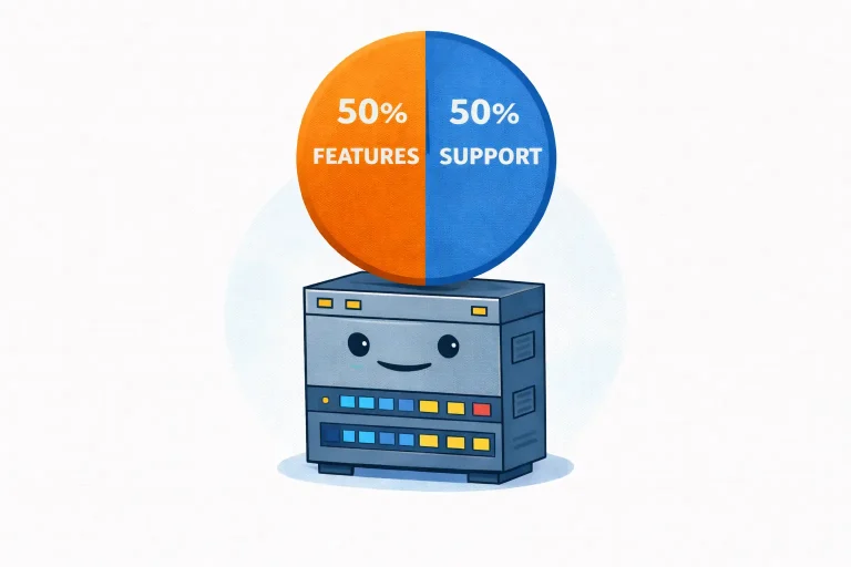 Illustration of a server with a pie chart showing 50% features and 50% support, symbolizing that hosting support is just as important as features.