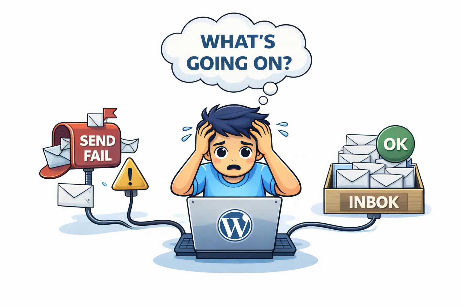 Illustration of a confused person at a WordPress website, where website emails fail while inbox email works normally.