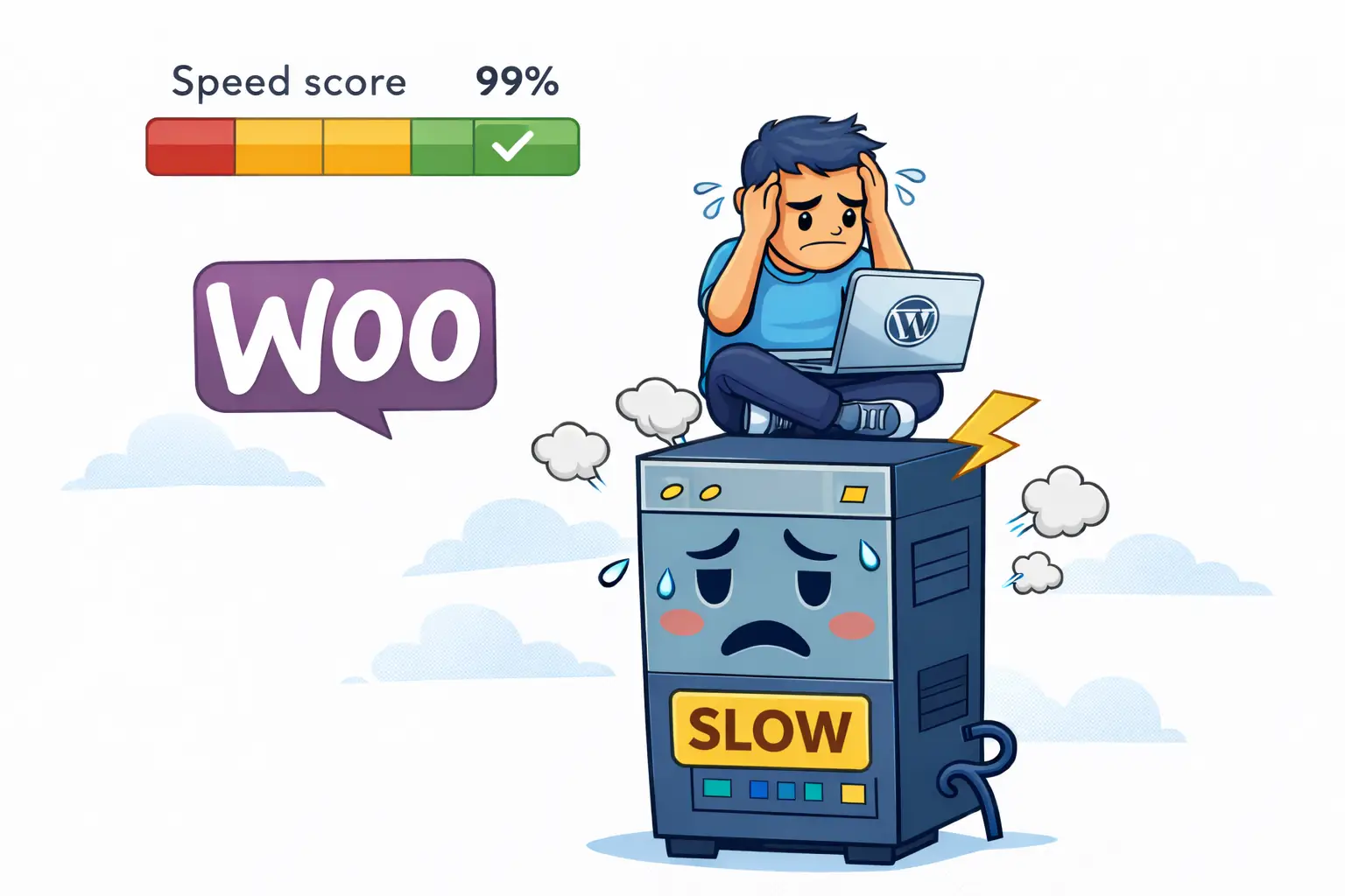 Illustration of a WooCommerce store with a high speed score but a slow server – showing the difference between good test results and a slow customer experience.
