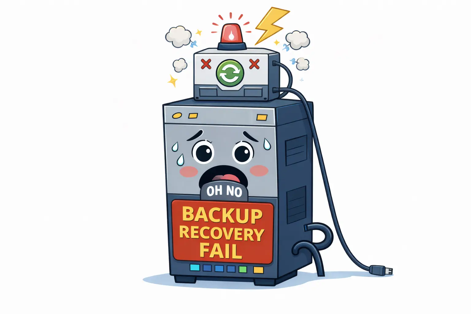 Illustration of a worried backup server with warning lights and the text “Backup Recovery Fail”, symbolizing a WordPress backup that exists but fails during real recovery situations.