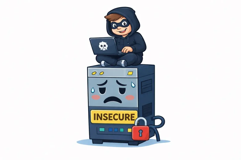 Cartoon illustration of a hacker sitting on top of an insecure server with a broken lock, symbolizing WordPress security problems caused by poor hosting