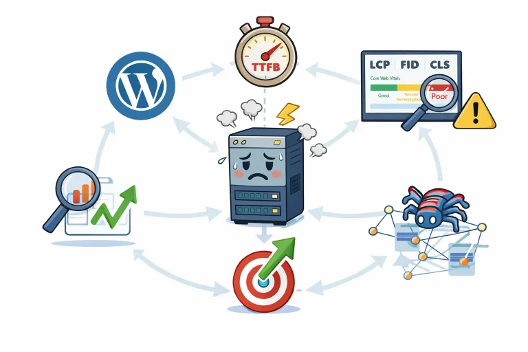 Diagram showing how WordPress hosting affects SEO through TTFB, Core Web Vitals, and crawling performance