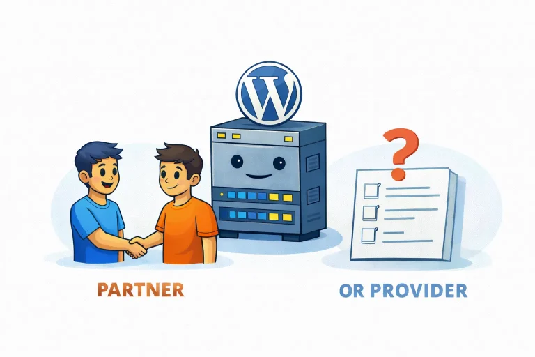 Illustration showing the difference between a WordPress hosting partner and a hosting provider, with collaboration on one side and choice or uncertainty on the other.
