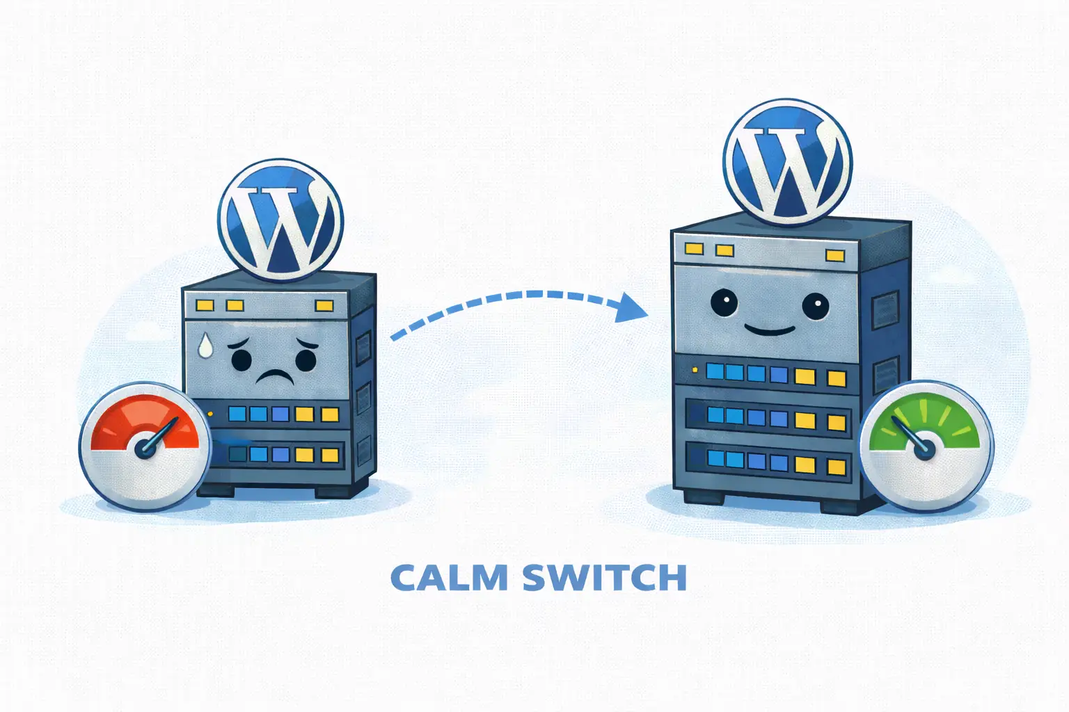 Illustration showing a calm WordPress hosting upgrade, with a stressed server transitioning to a faster, stable server labeled “Calm Switch”.