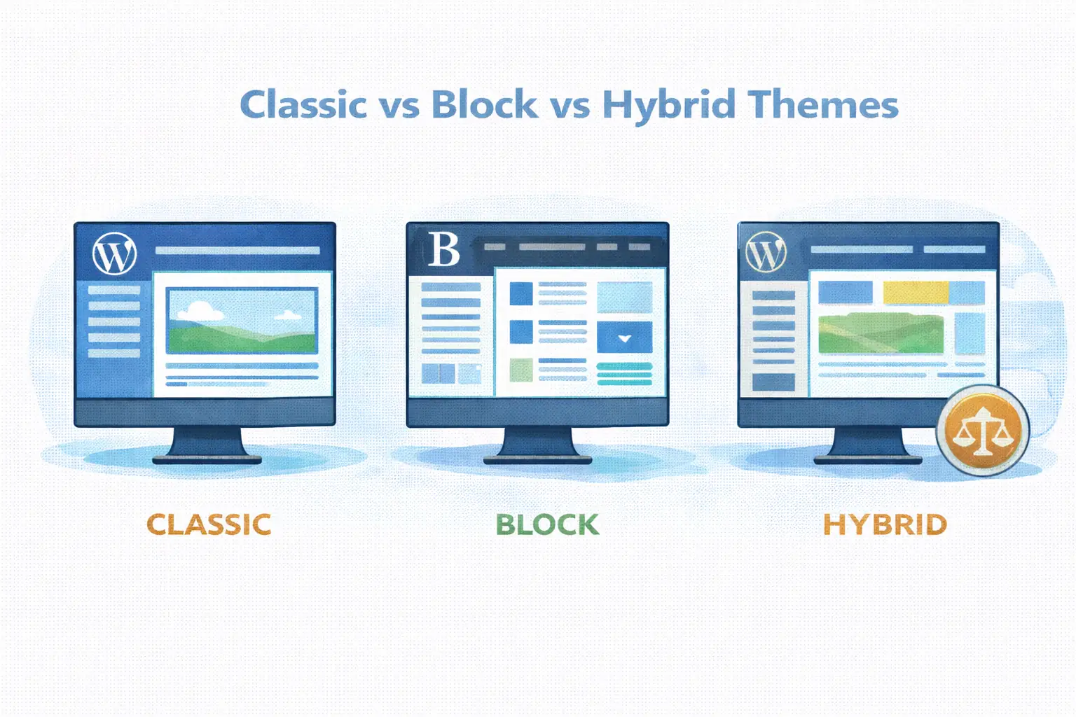 Classic vs block vs hybrid WordPress themes illustrated on three screens labeled Classic, Block, and Hybrid