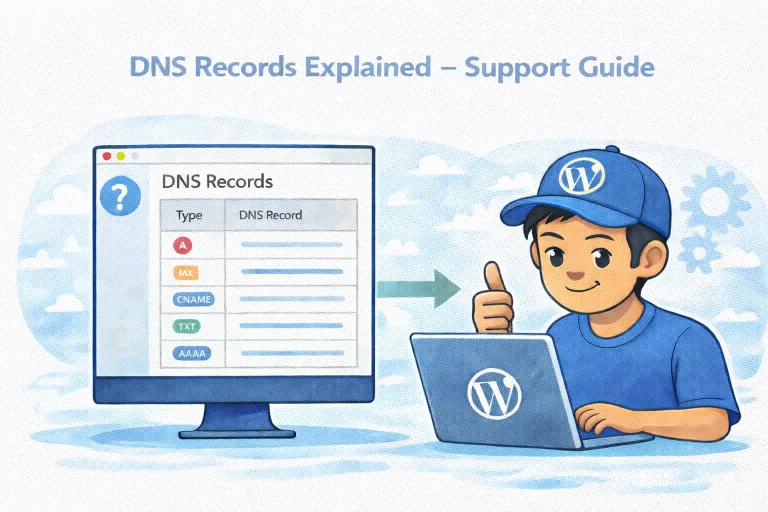 Illustration of a WordPress user managing DNS records on a computer screen, showing A, MX, CNAME, TXT and AAAA record types in a DNS support guide.