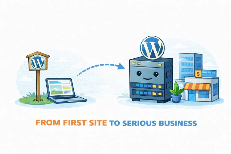 Illustration showing the growth of a WordPress site from a small personal project to a serious business setup, with an arrow indicating the transition from a simple laptop website to a professional server and storefront.