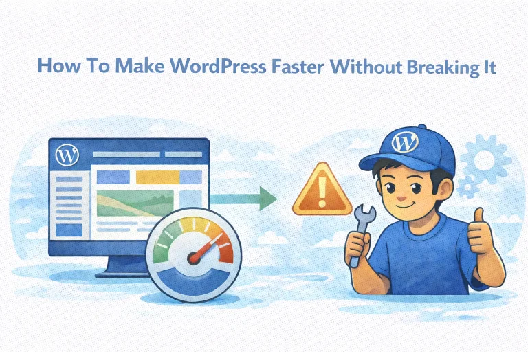 WordPress speed optimization illustration showing safe performance improvements without breaking the site