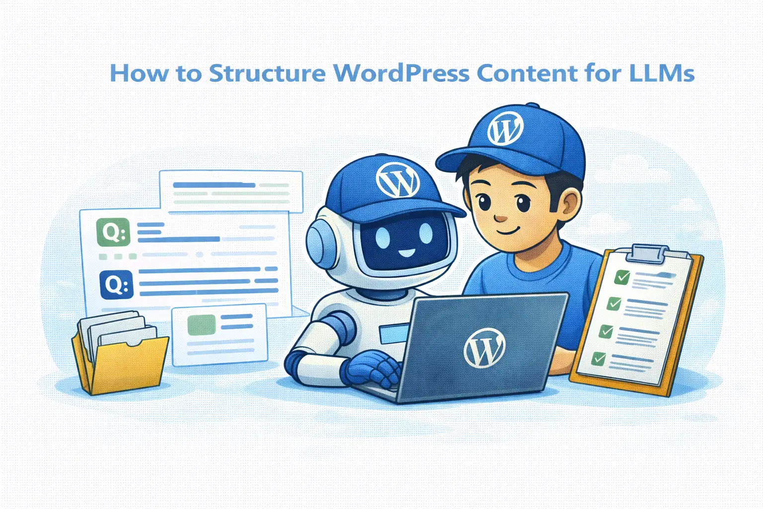 Illustration of a WordPress user and a friendly AI robot working on a laptop, with FAQ cards and a checklist showing how to structure WordPress content for LLMs and clarity.