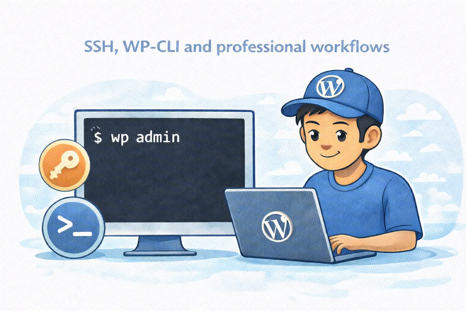 Illustration of a person managing WordPress using SSH and WP-CLI on a computer, with terminal screen showing “wp admin” and WordPress logos, representing professional WordPress workflows.