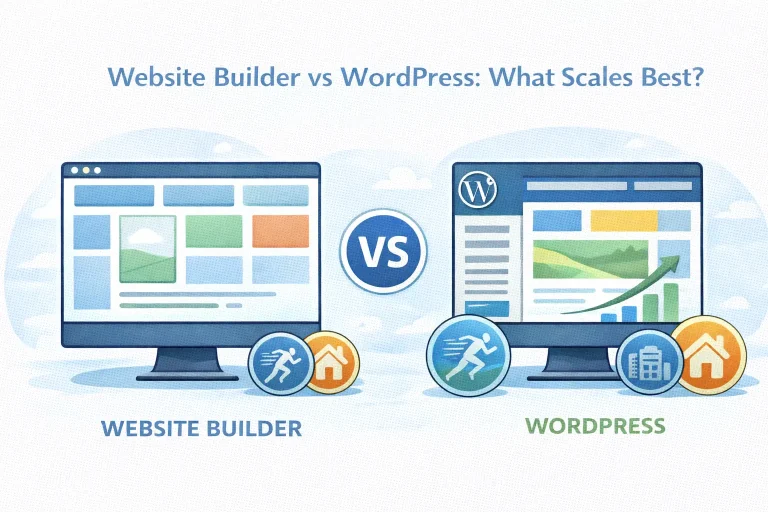 Illustration of website builders being fast to start, while WordPress scales with your goals. Using a modern WordPress theme delivers the same ease as website builders, with more freedom to grow.