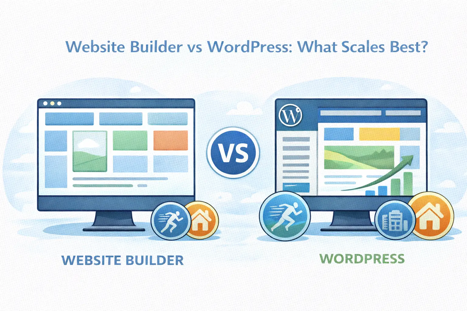 Illustration of website builders being fast to start, while WordPress scales with your goals. Using a modern WordPress theme delivers the same ease as website builders, with more freedom to grow.