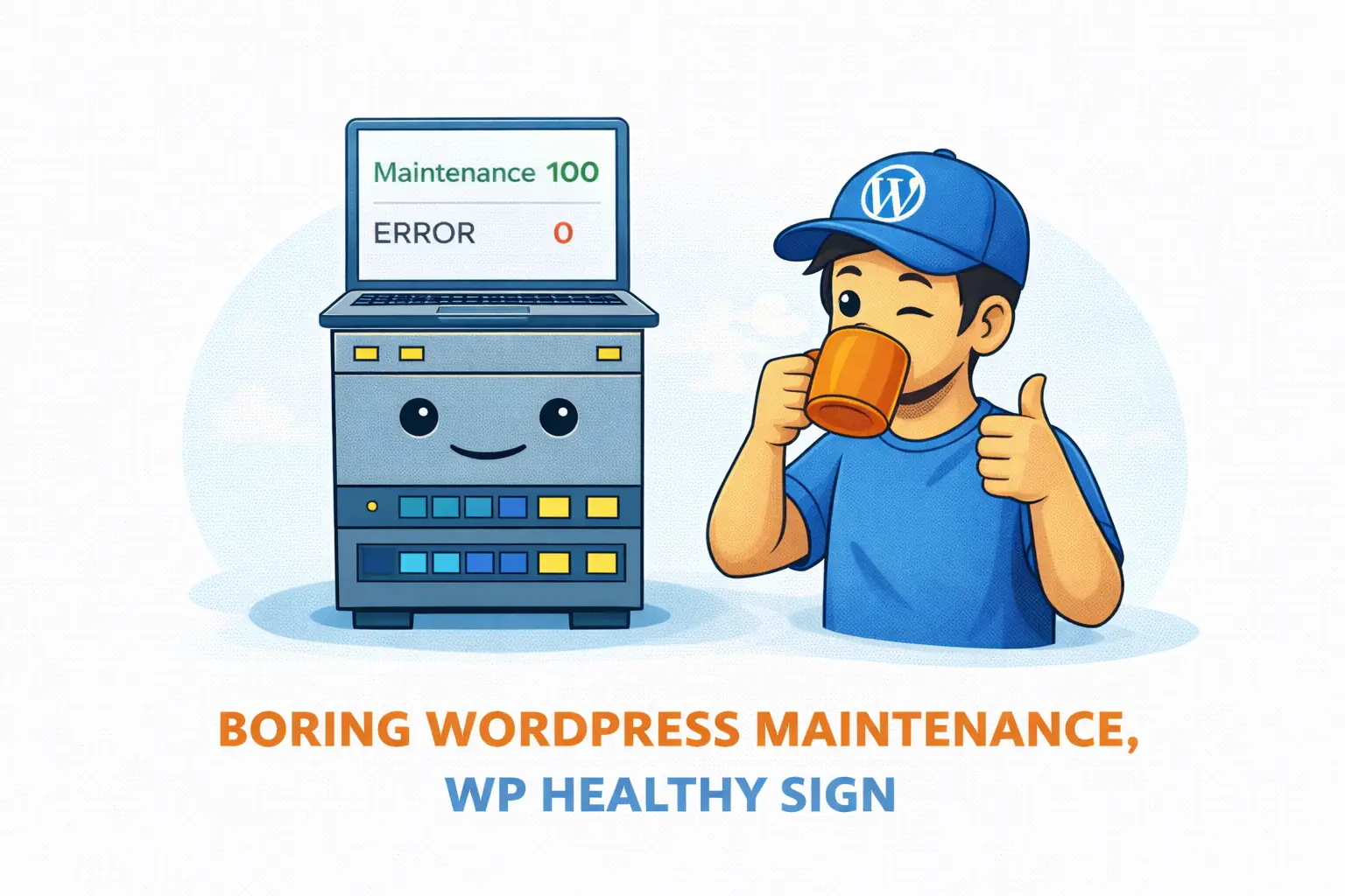 Illustration of a calm WordPress technician drinking coffee next to a smiling server showing “Maintenance 100” and “Error 0”, symbolizing healthy and stress-free WordPress maintenance.