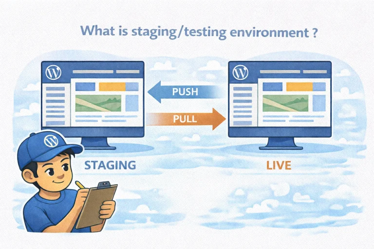 Illustration showing how a WordPress staging environment works with push and pull. A staging site on the left and a live site on the right are connected by two arrows: Push moves content from staging to live, Pull moves content from live to staging. A developer with a clipboard oversees the process.