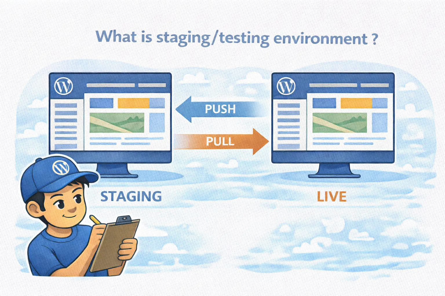 Illustration showing how a WordPress staging environment works with push and pull. A staging site on the left and a live site on the right are connected by two arrows: Push moves content from staging to live, Pull moves content from live to staging. A developer with a clipboard oversees the process.