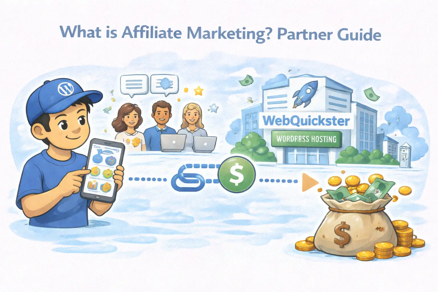 Watercolor illustration for a 'What is Affiliate Marketing? Partner Guide'. A character in a WordPress logo cap uses a smartphone to generate an affiliate link (dollar sign icon on a dotted line). In the upper background, a group of people with speech bubbles are visible. On the right, the WebQuickster WordPress Hosting building with a rocket logo has money notes flying around it. The process leads to a large sack of gold coins and money at the bottom right, illustrating successful earnings from recommendations.