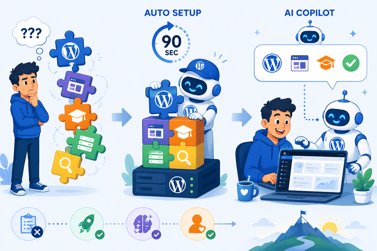 Confused person facing scattered WordPress puzzle pieces, then a robot assembling them automatically in 90 seconds, then a happy person working with an AI copilot on their WordPress site