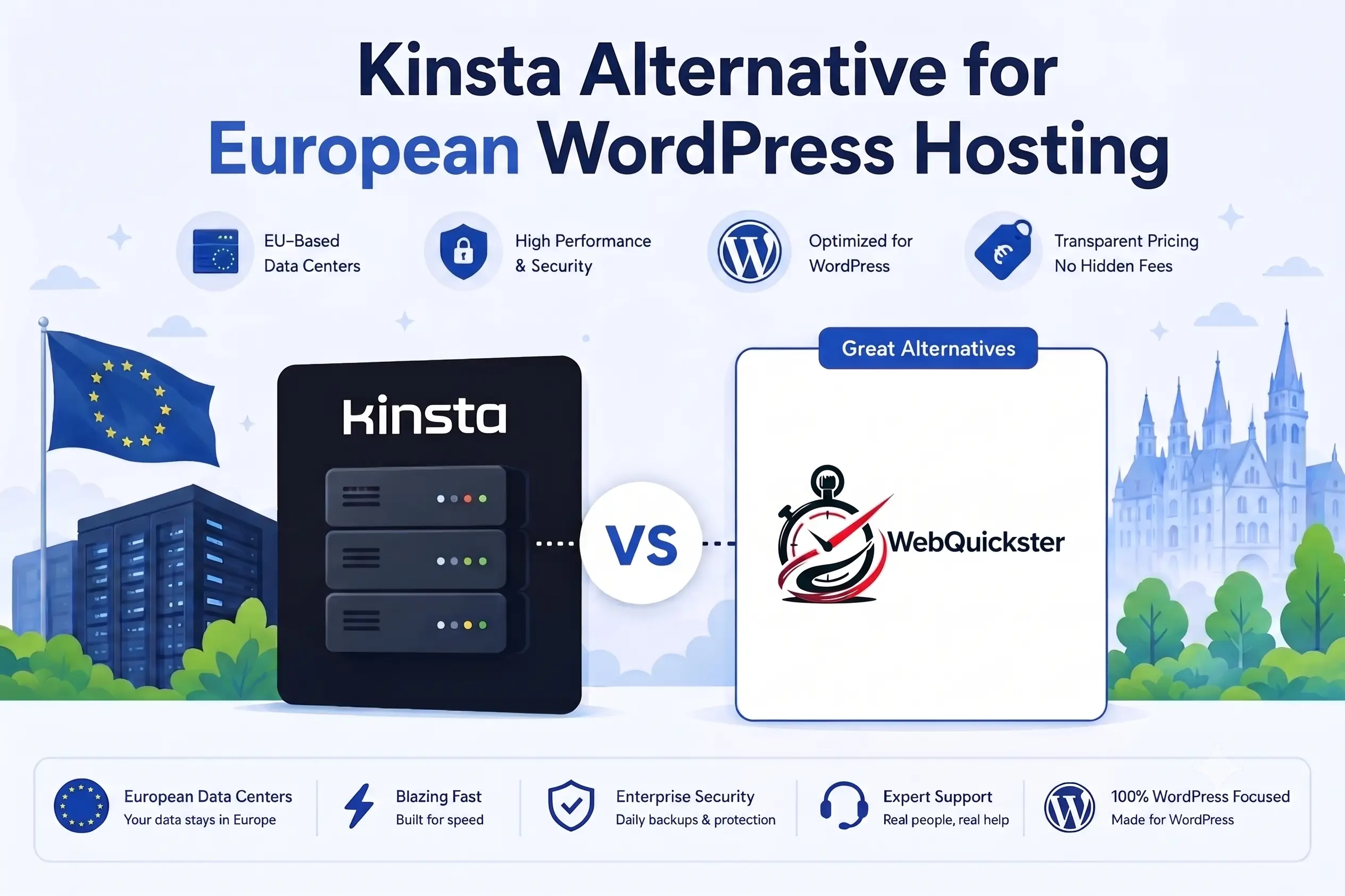 Kinsta alternative for European WordPress hosting comparison ... WebQuickster vs Kinsta with EU data centers and WP focus.