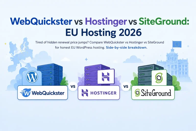 Comparison of WebQuickster, Hostinger and SiteGround WordPress hosting services with server illustrations and EU map background