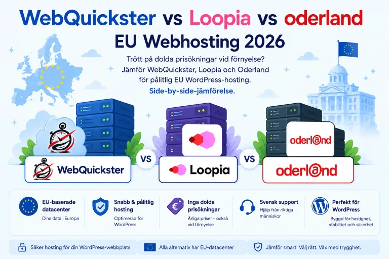 Jämförelse av WebQuickster, Loopia och Oderland WordPress hosting 2026 med EU-baserade datacenter och svensk support