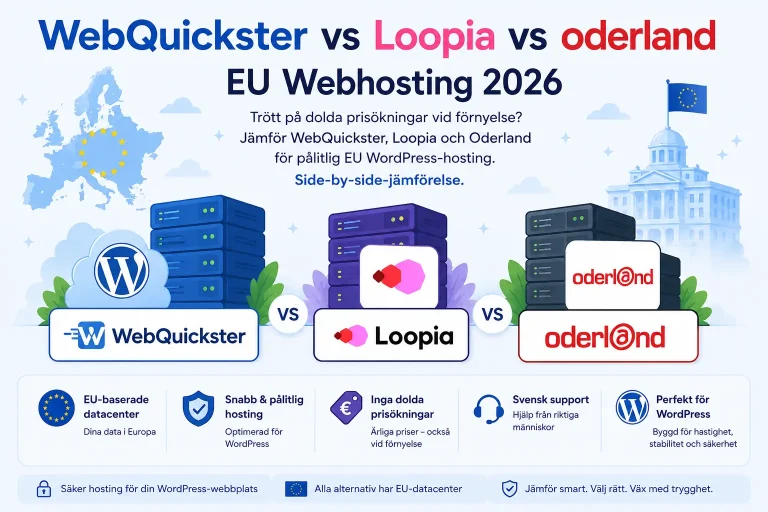 Jämförelse av WebQuickster, Loopia och Oderland WordPress hosting 2026 med EU-baserade datacenter och svensk support