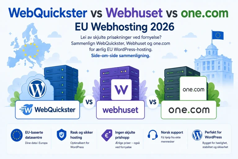 Norsk WordPress hosting sammenligning 2026: WebQuickster, Webhuset og one.com side om side med europeisk kart-illustrasjon