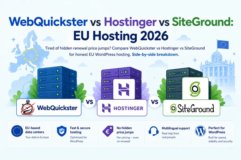 Comparison of WebQuickster, Hostinger and SiteGround WordPress hosting services with server illustrations and EU map background