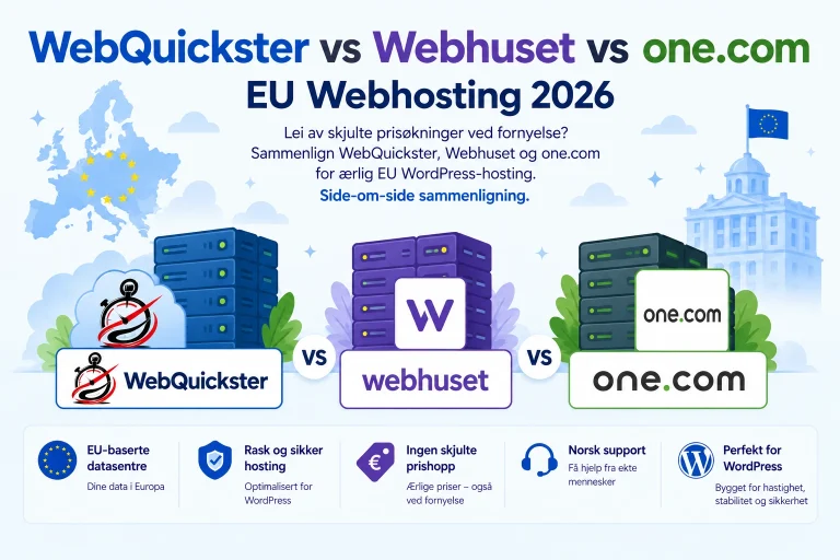 Norsk WordPress hosting sammenligning 2026: WebQuickster, Webhuset og one.com side om side med europeisk kart-illustrasjon